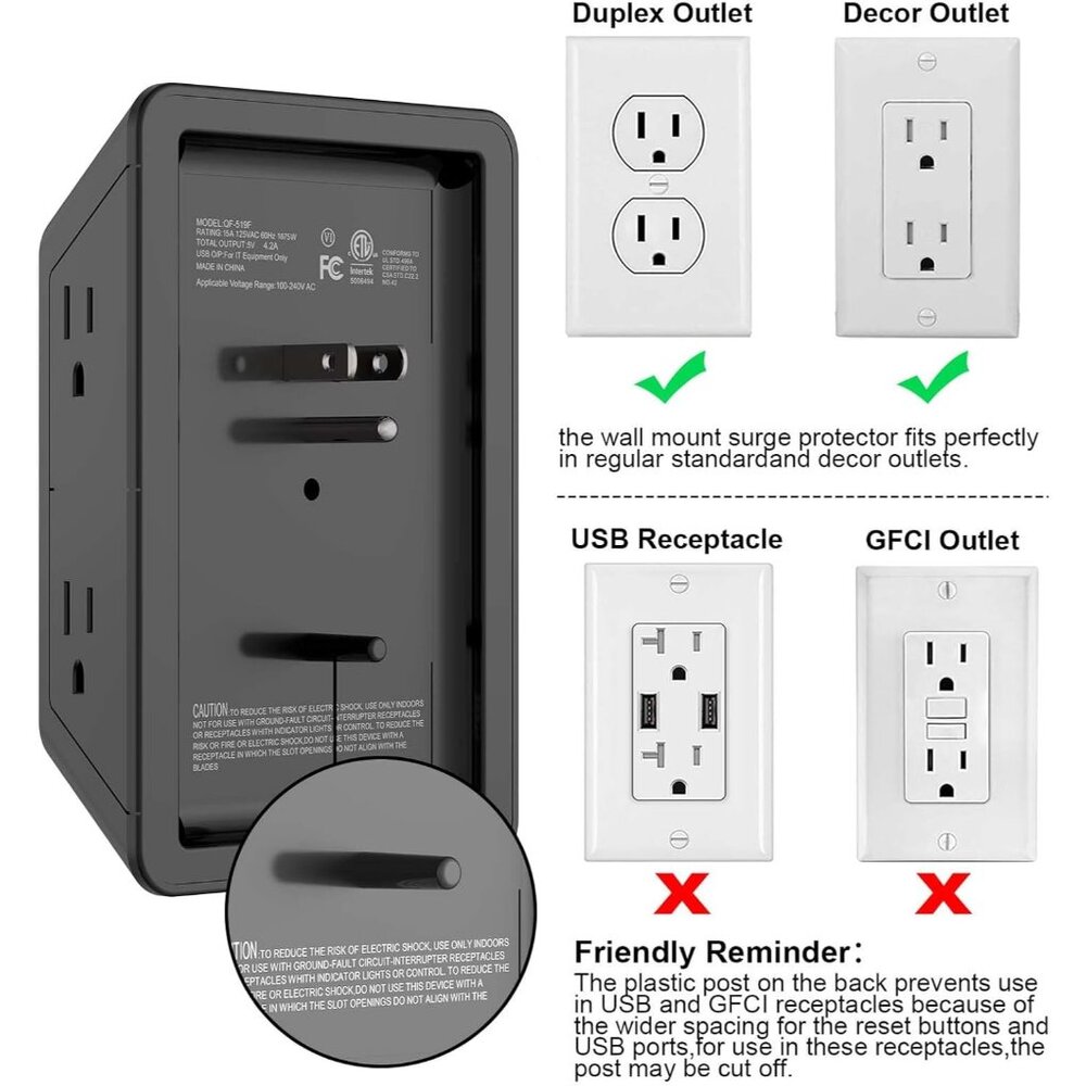 Outlet Extender, Surge Protector Outlet with 5-Multi Plug Outlet and 4 USB Ports - Picture 6 of 6